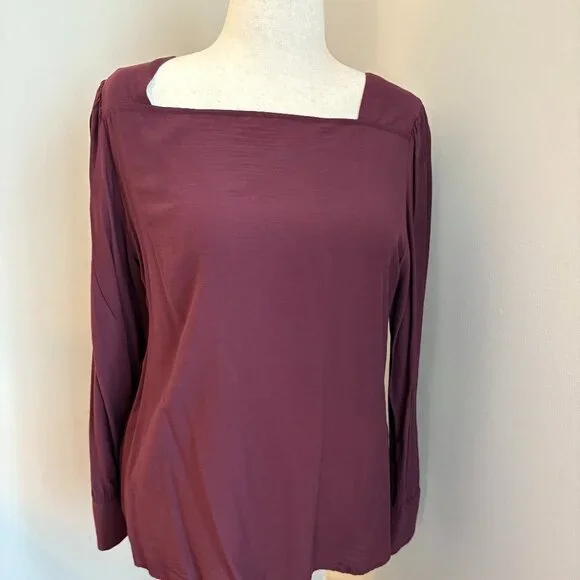 LOFT Mauve Square Neck Blouse Long Sleeve Women's Large - Picture 2 of 9